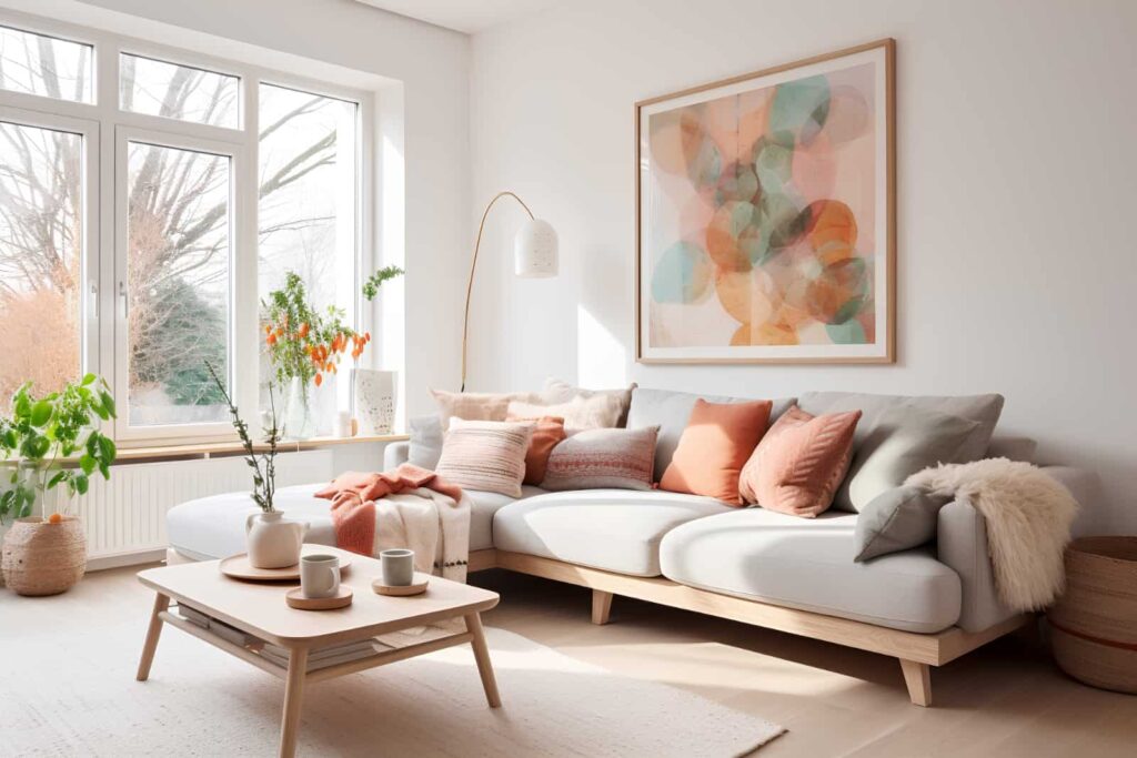 Salon moderne avec une décoration moderne, un canapé confortable et une vue sur la fenêtre.